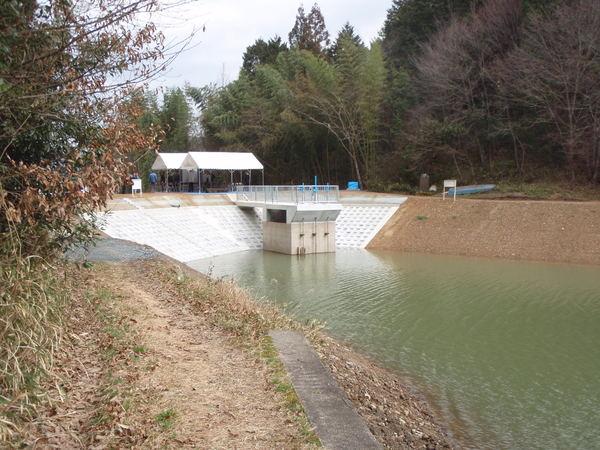馬口池の奥にのテントが2張立っており、池の周りは木々に囲まれている写真
