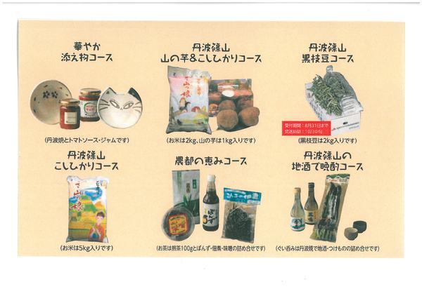 ふるさと納税の返礼品「丹波篠山の特産品」6コースの写真が載っているパンフレットの写真