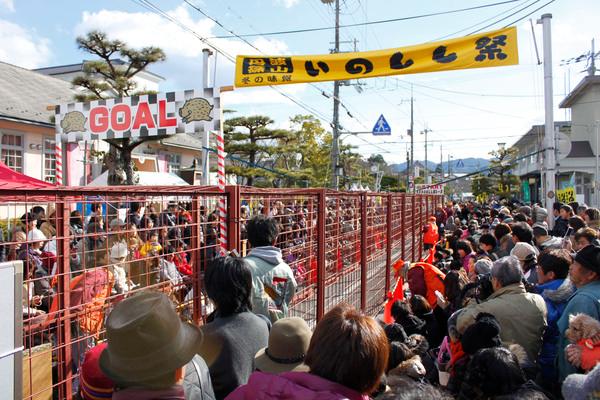 沢山のギャラリーが柵の周りに集まっていて、頭上にはいのしし祭りの横幕やGOALと書かれた看板のある写真
