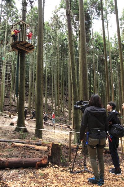 杉の木の高い場所に人が乗れるような板が設置してあり、ロープや安全ベルトを付けた2人が、その上に乗って下には2人の様子をテレビカメラで撮影している様子の写真