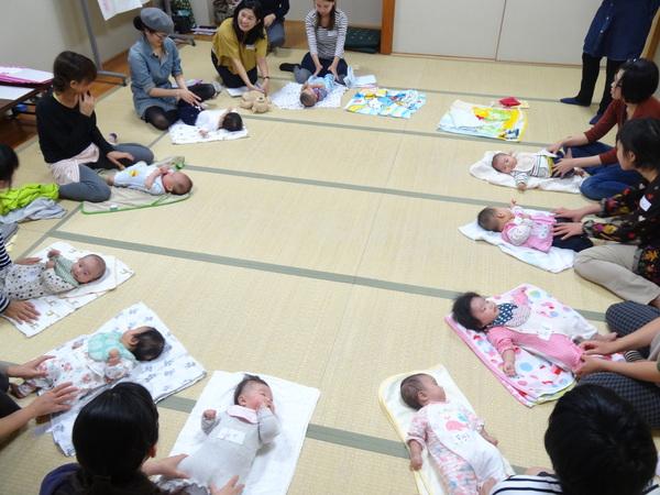 畳の部屋で、バスタオルの上に寝ているたくさんの赤ちゃんがおり、各お母さんが赤ちゃんの足に手を触れている様子の写真