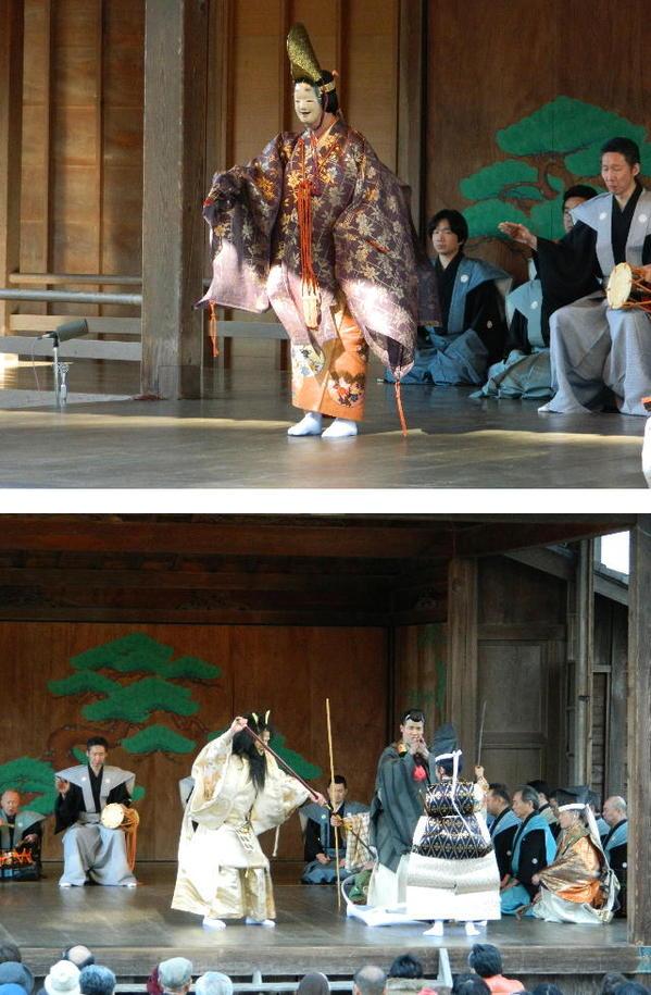 上は能舞台で烏帽子をつけて能面を被った着物姿の女性が袴姿の小鼓の演奏に合わせて舞い踊っている写真、下は能舞台でお面を被った弁慶と烏帽子を付けた着物姿の男性が棒や刀で争いをしている横で烏帽子を付けた着物姿の男性が笛を吹いている写真