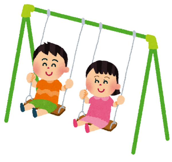 ブランコで遊ぶ女の子と、男の子のイラスト画像