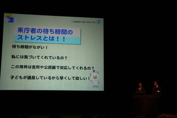 来庁者の待ち時間のストレスとは！！とスクリーンで市民課・公民館が発表している写真