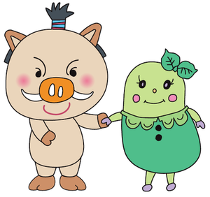 マスコットキャラクター「まるいの」と「まめりん」が手をつないでいるイラスト