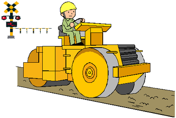 後方に踏み切りのイラストがあり、土工用振動ローラに男性が乗って道路を舗装している様子のイラスト