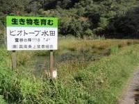 「生き物を育む ビオトープ水田」と書かれた看板の立っている水田の写真