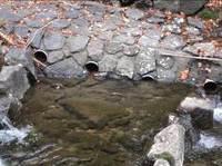 石垣のようなもので人口巣穴が設置され、川の水が流れている様子の写真