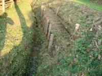 木杭がが打ち込まれている田んぼの横に流れている土手の水路の写真