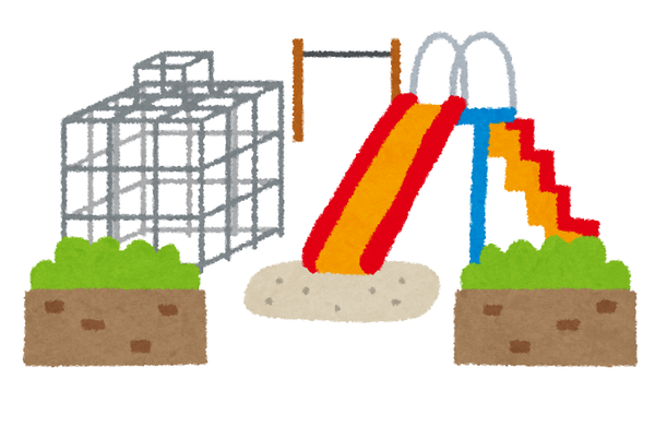 公園にジャングルジム、鉄棒、カラフルな滑り台が設置されているイラスト画像