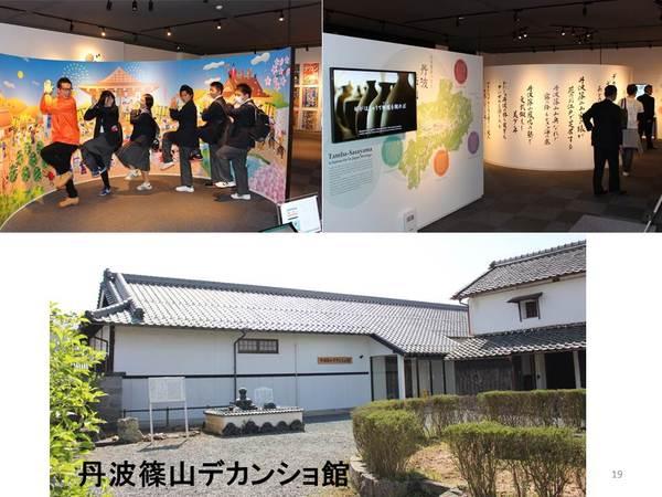 （左上）鮮やかな篠山市が描かれている絵画の前で両手や片足をあげてポーズをしている男女の写真（右上）丹波焼の器の映像が映り、書写で書かれた文字に光が灯っている写真（下）丹波篠山デカンショ館の外観写真