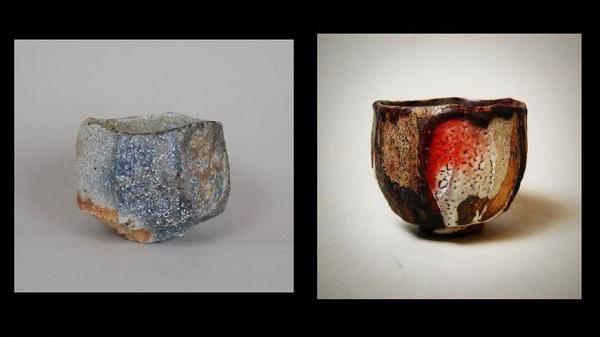 左には石のような灰色の焼き物、右には赤と白の色が入った焼き物が映っている写真