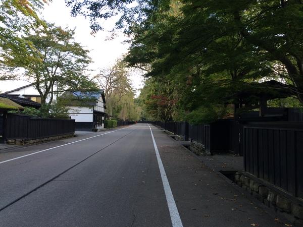 道路の右横に木造の塀があり左横には白い2階建ての建物が木々の中から見えるまっすぐな道路の先にもいろんな木々がみえるまちなみの写真