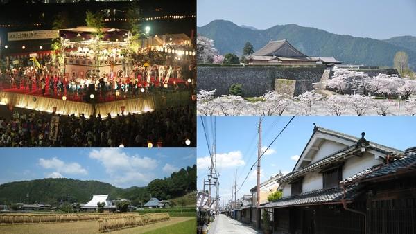 左上 デカンショ祭りの写真、右上 桜が満開の篠山城の写真、左下 稲刈りが終わった田園風景の写真、右下 街並みの写真