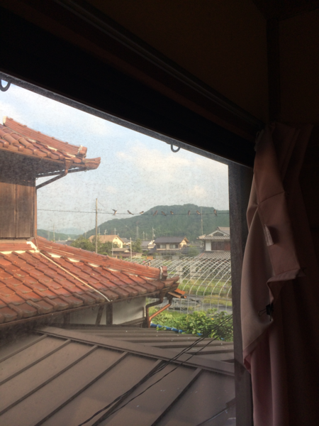 窓の中から隣の家の屋根や雀の停まっている電線などがある外の景色を映してある写真