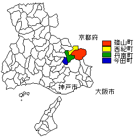 兵庫県の地図。現在の丹波篠山市にあたる4町が色分けされている