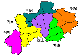 現在の丹波篠山市の地図が6色に塗られている