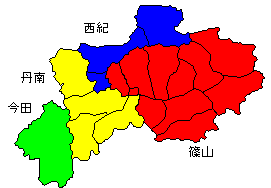 現在の丹波篠山市の地図が4色に塗られている。