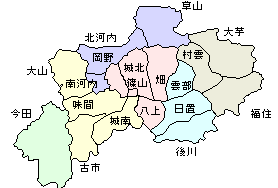 6色に塗られた現在の丹波篠山市の地図。各村の境界線が書かれてる。
