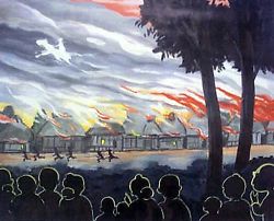 火事で燃える家々とそれを人々が見ている絵