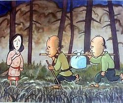 荷物を運ぶ男らと話す女が描かれた絵