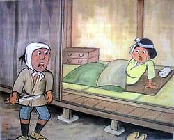 刃物を持った男と布団に入った女が描かれている