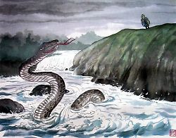 河を泳ぐ大蛇が描かれた絵