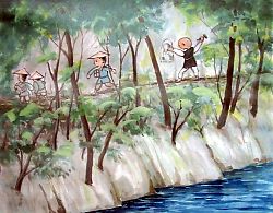 川岸に複数の人がいるのが描かれている。