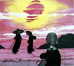 夕焼けを背に去っていく人が描かれた絵