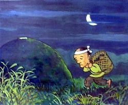 野山を歩く男が描かれた絵