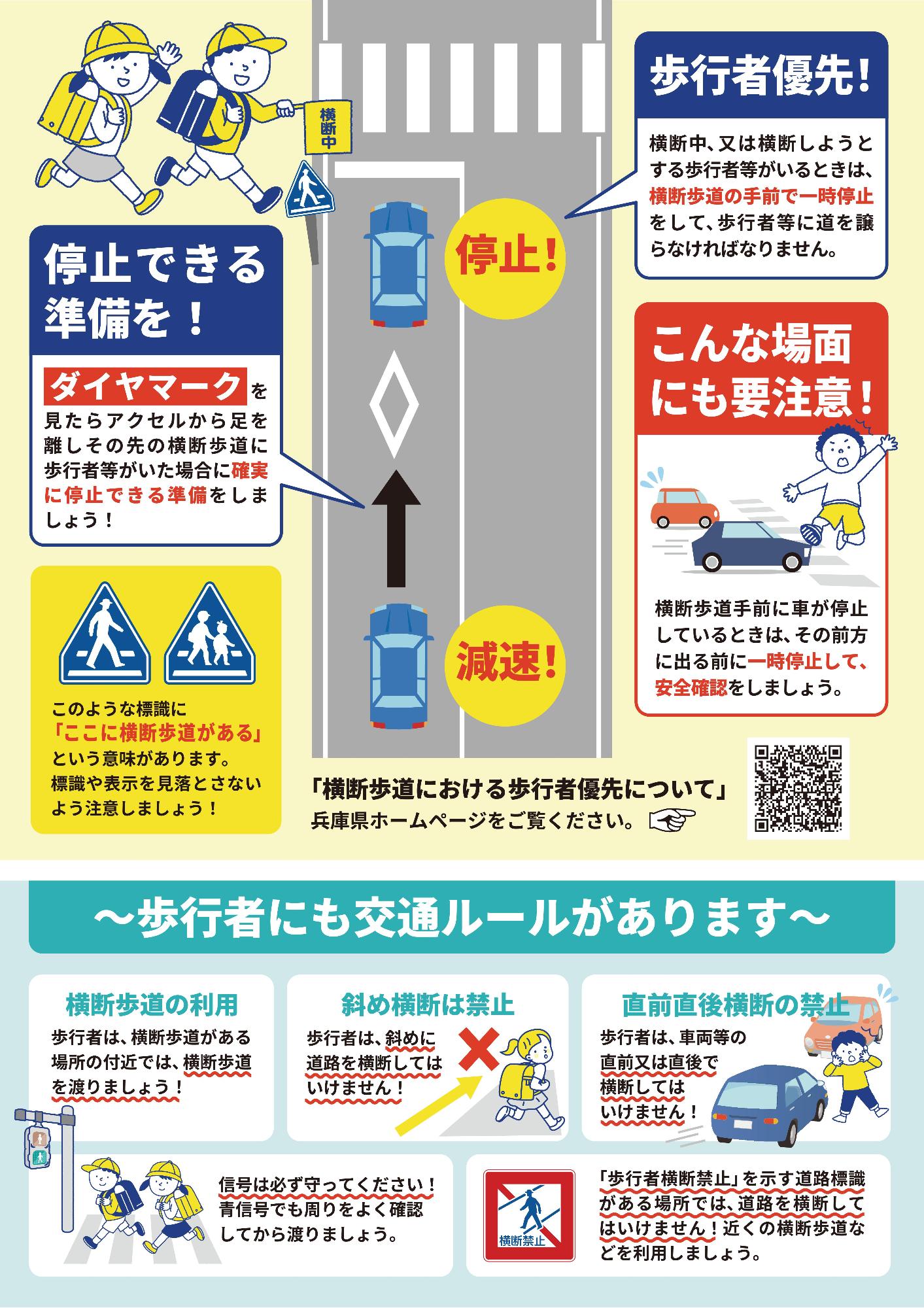 自動車は横断歩道前では停止する準備を！